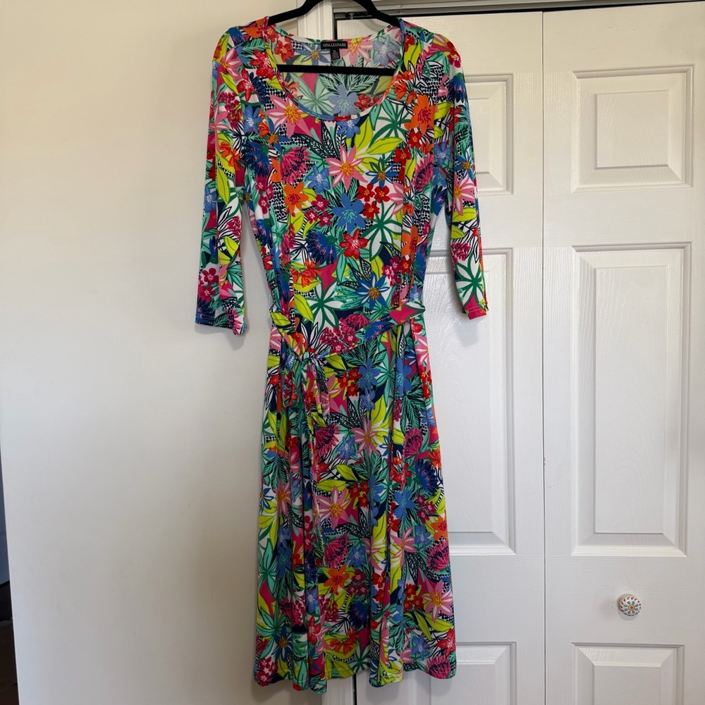 Nina Leonard 3/4 Sleeve Vibrant Floral Belted Dress Size XL